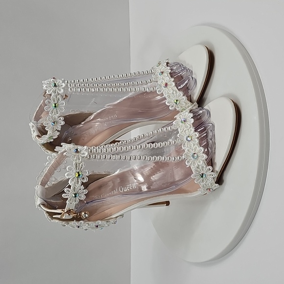 Crystal Queen White Lace Pearl Wedding Heels Bridal Sandals 41 Floral Stiletto - Picture 2 of 15